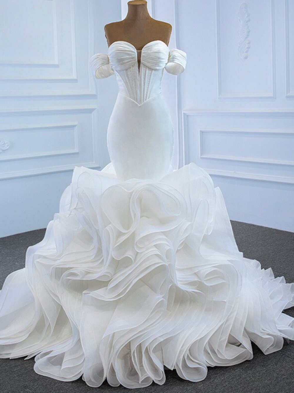 Elegant Mermaid Wedding Dresses Off Shoulder V-Neck Puffy Train Bridal Gowns 12 - Picture 5 of 5